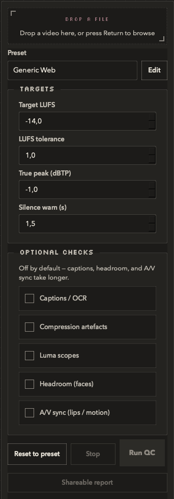 Postpro QC sidebar with loudness targets and optional checks