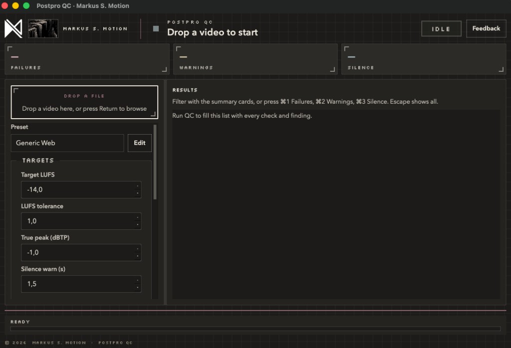 Postpro QC main window with drop zone, targets, and empty results