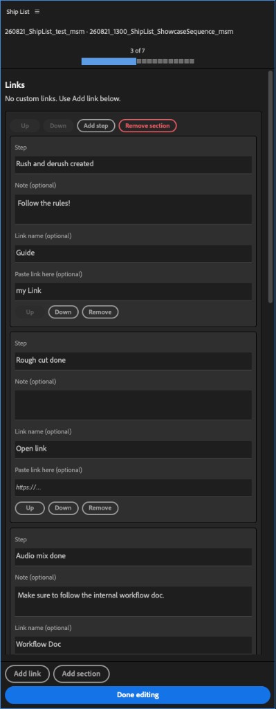 Ship List checklist editor in Premiere Pro