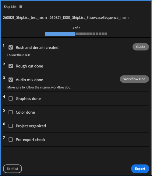 Ship List checklist panel in Premiere Pro