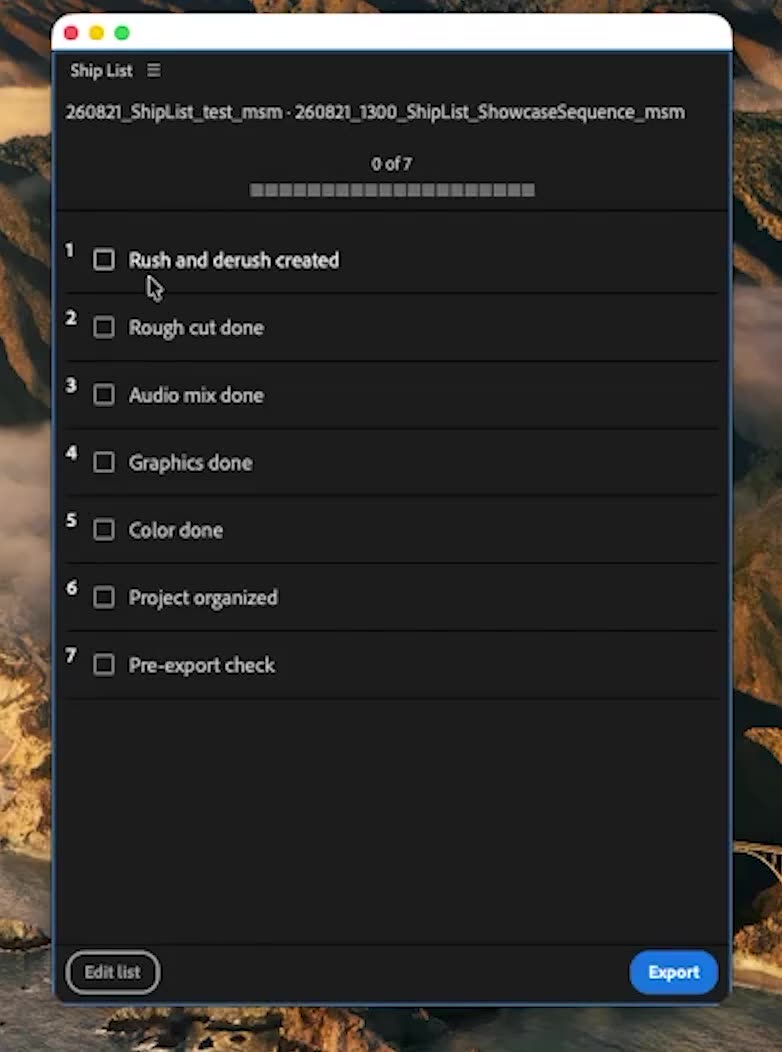 Ship List workflow checklist inside Premiere Pro